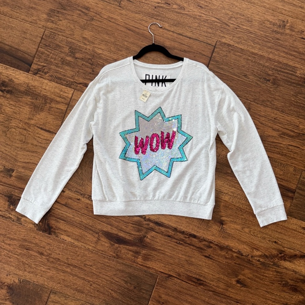PINK Victoria's Secret WOW sequin lightweight sweatshirt, size medium NWT